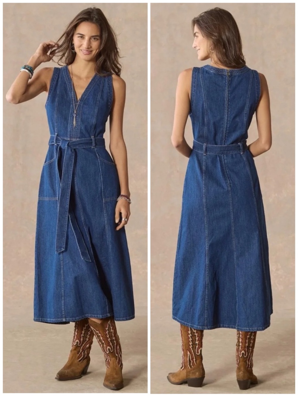 Sundance Poppy Sleeveless Belted Dark Blue Denim Midi Dress Size P14